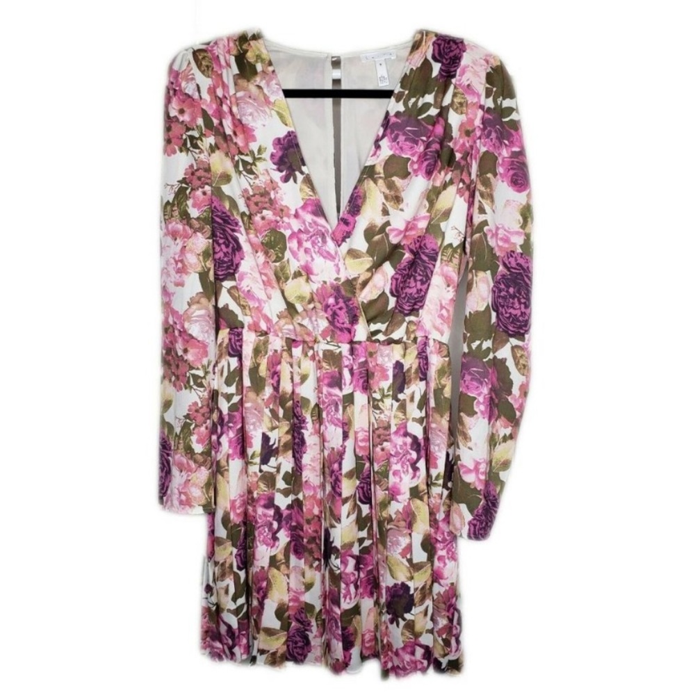 Leith Vintage Floral Pleated Long Sleeve Dress M